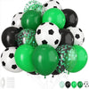 A pack of latex balloons in various shades of green and black shaped like soccer balls for sports party decor