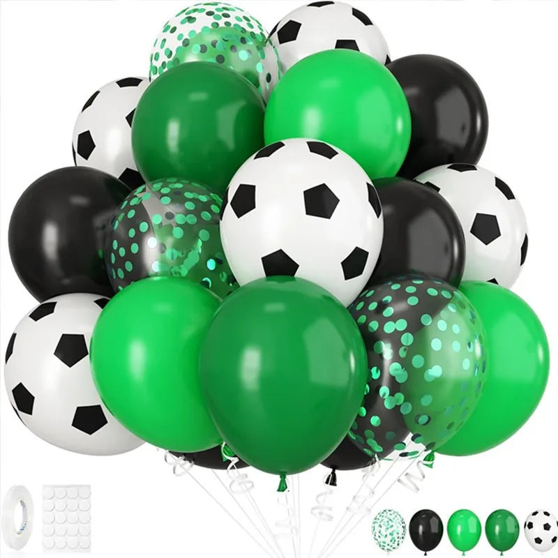A pack of latex balloons in various shades of green and black shaped like soccer balls for sports party decor