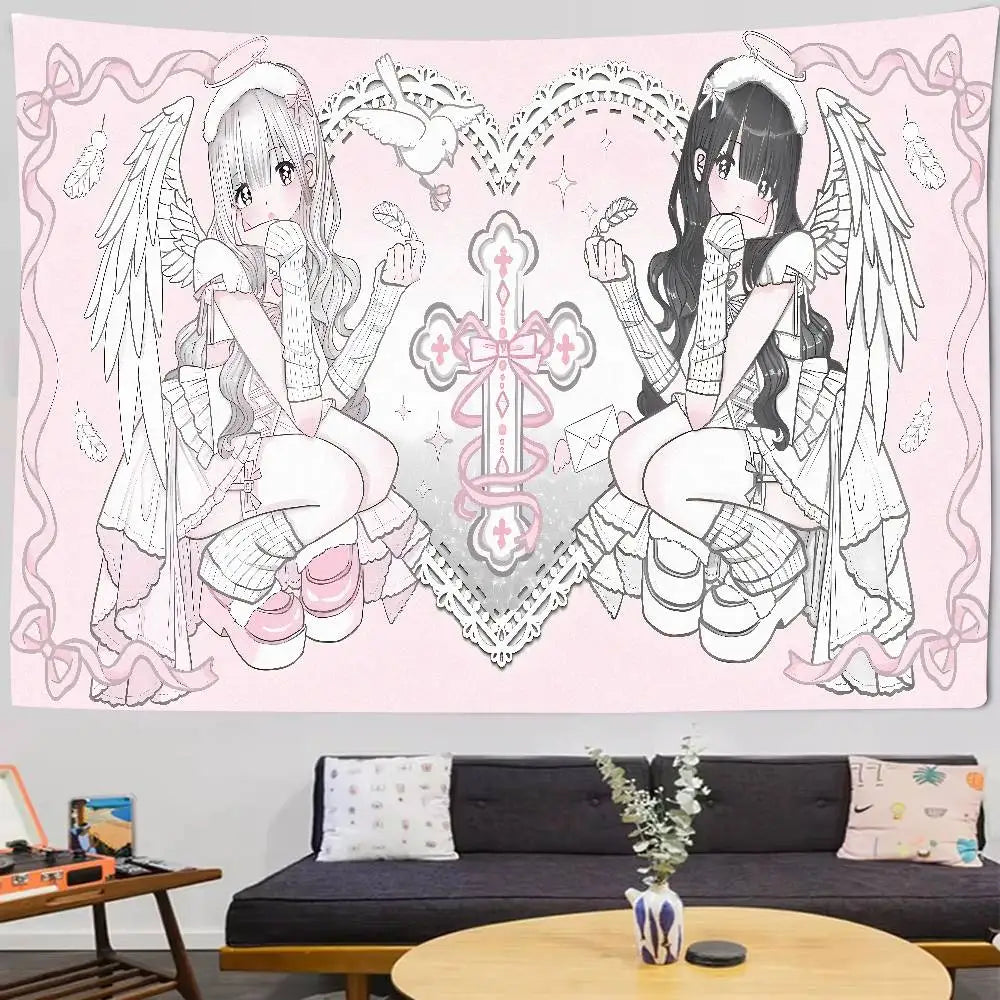 Tapiz de anime con dos figuras aladas en tonos rosa claro y blanco para decoración de pared