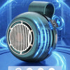 A teal portable bladeless clip-on fan with glowing blue energy lines, showing various protection features.