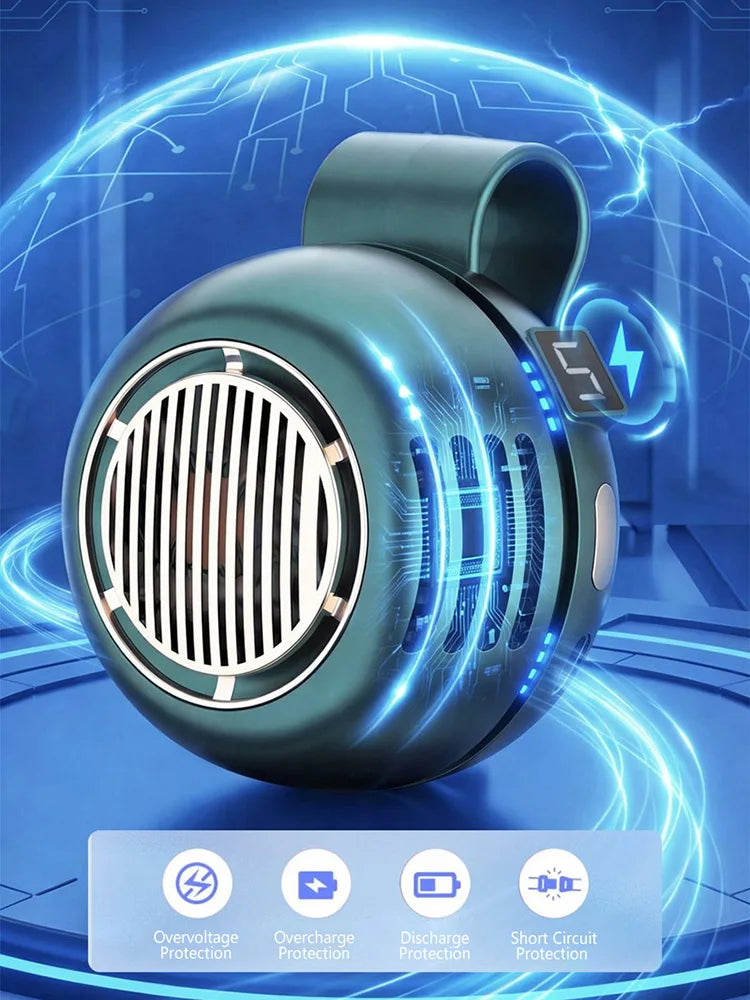 A teal portable bladeless clip-on fan with glowing blue energy lines, showing various protection features.