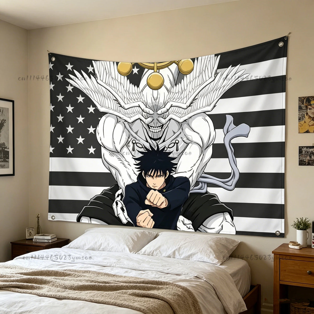 Tapiz de anime para pared con personaje estilizado y grandes alas y motivo de bandera estadounidense.