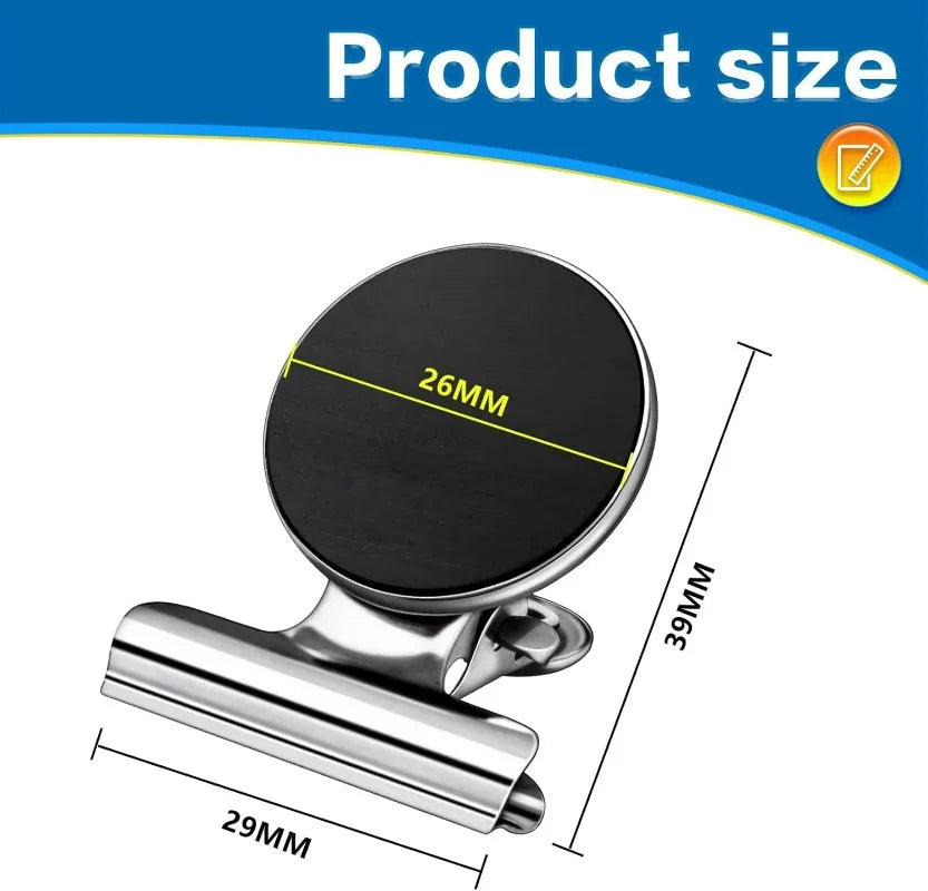 A close-up view of a black magnetic clip and its silver mounting base with dimension markings.