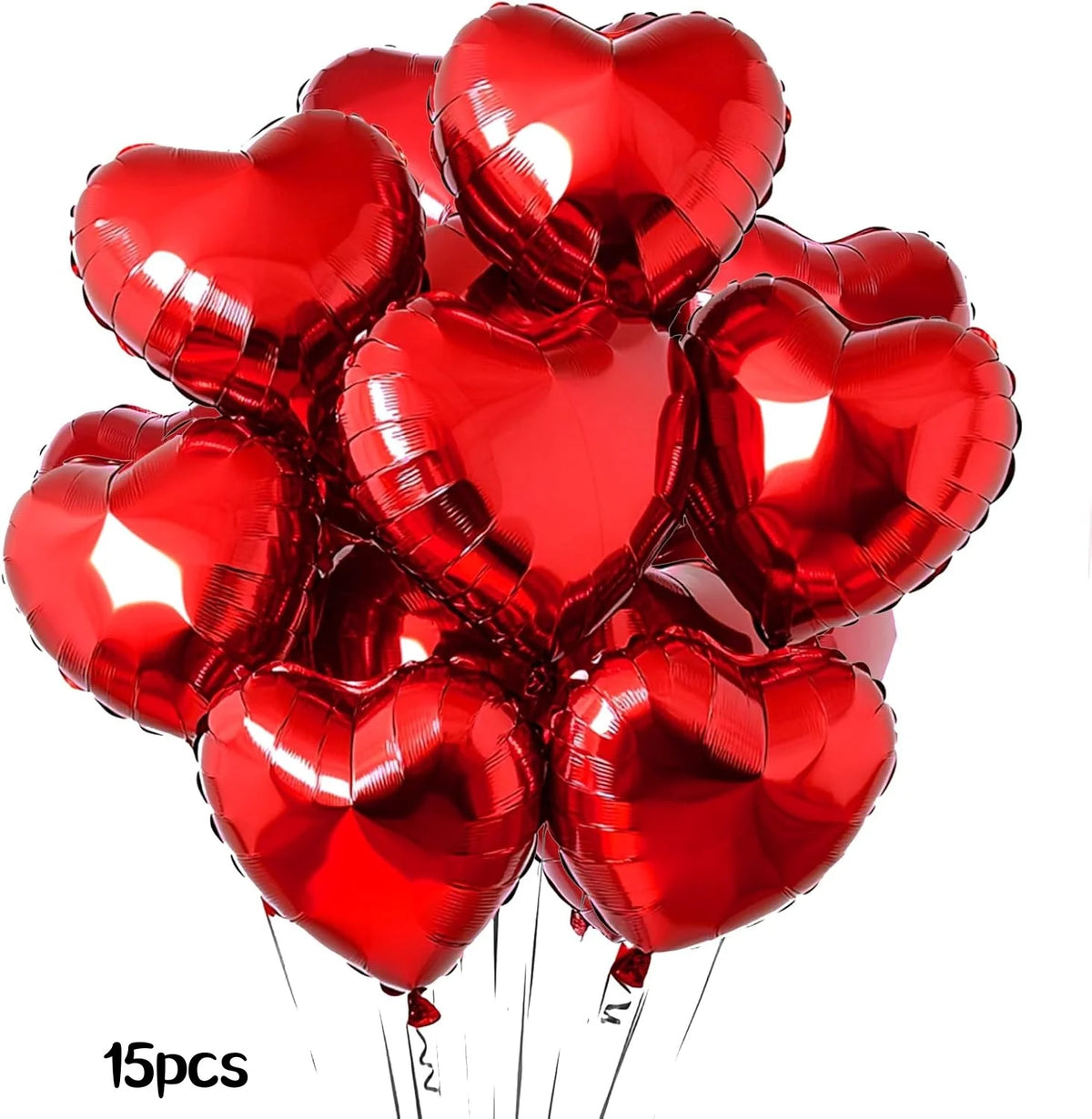 A bunch of shiny red heart-shaped foil balloons tied together on strings.