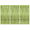 Three panels of shimmering metallic green fringe curtains for party backdrop decor
