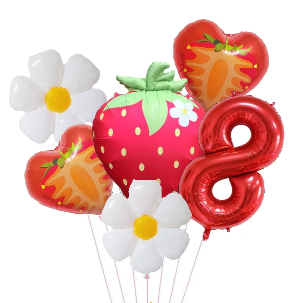 A set of six foil balloons featuring a white flower, a pink strawberry, and a red number eight.