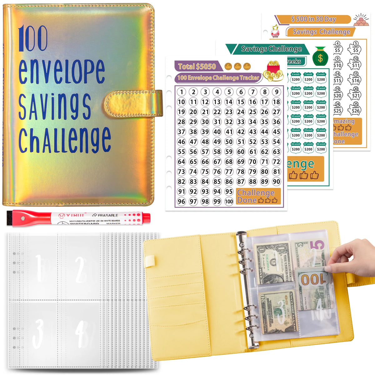 A yellow binder for the 100 Envelope Savings Challenge with numbered envelopes and cash savings organizers.