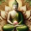 A painting of a serene Buddha with a glowing halo and lotus design in green robes.