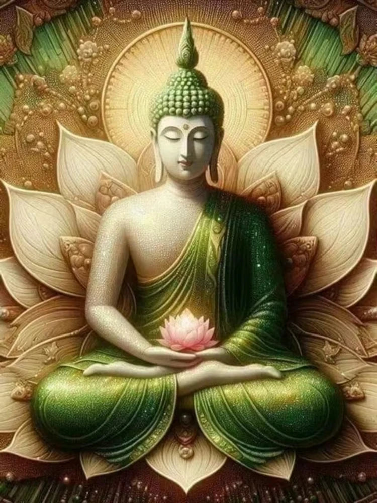 A painting of a serene Buddha with a glowing halo and lotus design in green robes.