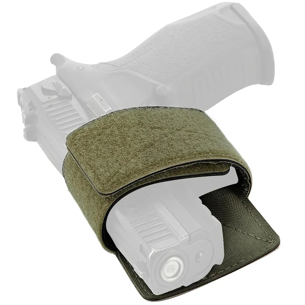 A universal concealed carry holster featuring a light green fabric sleeve and a white polymer grip.