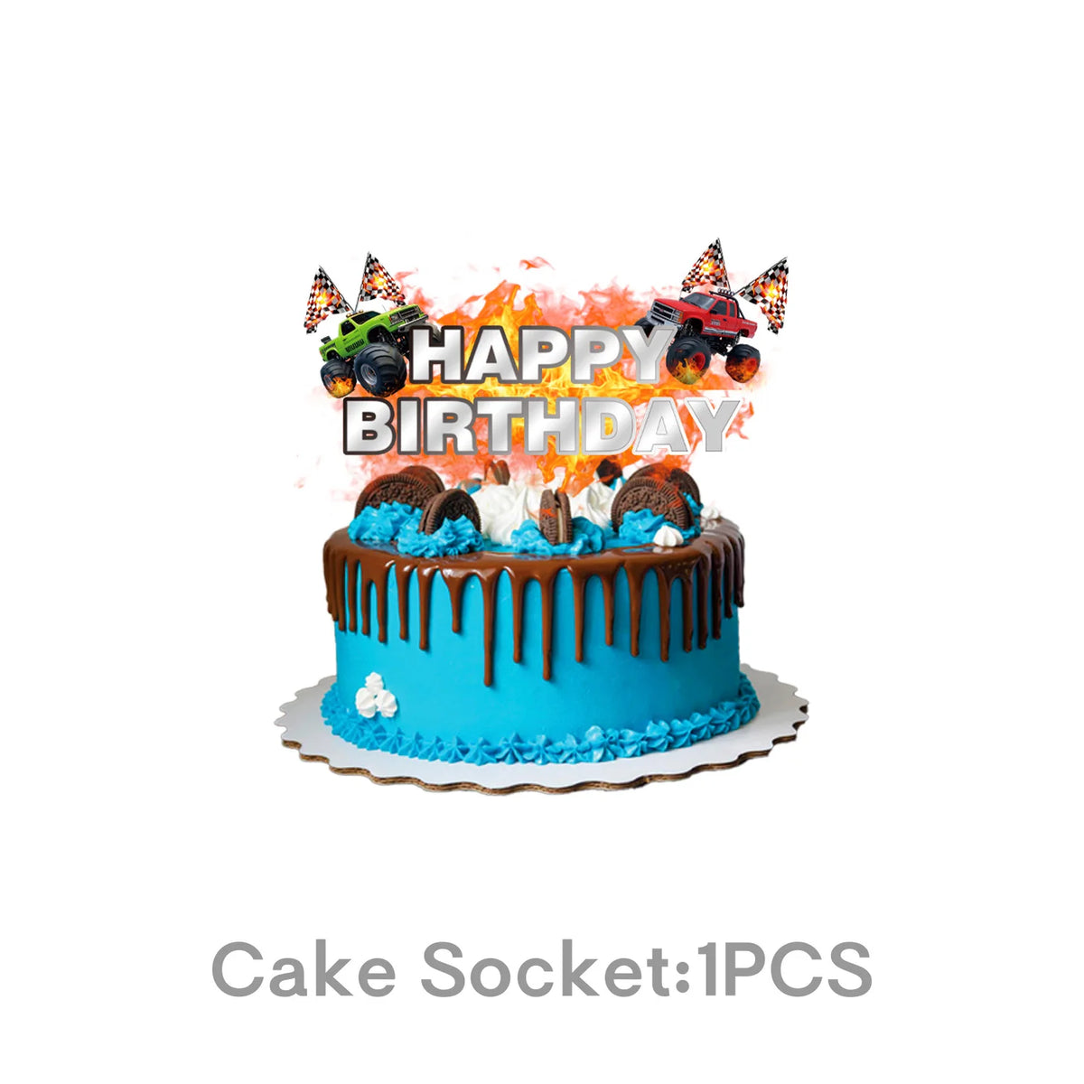 A birthday cake decorated with a monster truck theme, featuring a topper and colorful frosting.