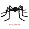A large, black plush spider decoration with bright red eyes.