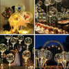 A collection of LED light-up balloons and string lights creating a warm glow in various settings.
