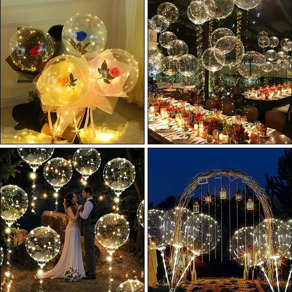 A collection of LED light-up balloons and string lights creating a warm glow in various settings.