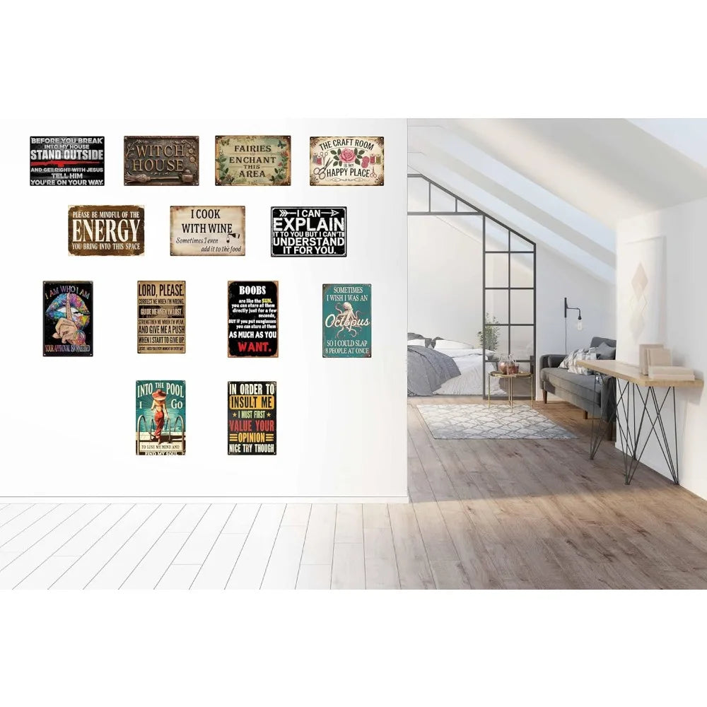 A collection of vintage metal signs featuring various witch and magic themed sayings.