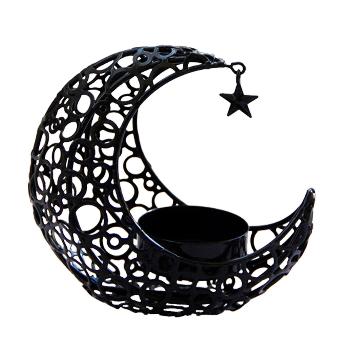 Black metal crescent moon candle holder with a star decoration