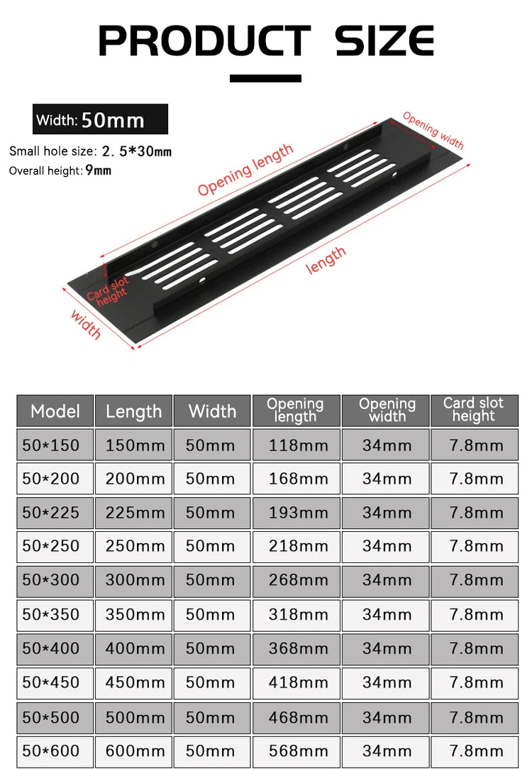 Diagram showing various sizes of aluminum alloy rectangular ventilation grilles with dimensions for different models