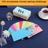 A flat lay of colorful side-loading cash envelopes, stacks of paper, and a cup on a dark blue surface for a money saving chal