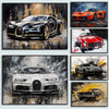 A collection of vintage oil paintings depicting various sports cars, including a black Bugatti, an orange Ferrari, and a whit