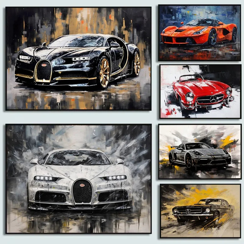 A collection of vintage oil paintings depicting various sports cars, including a black Bugatti, an orange Ferrari, and a whit