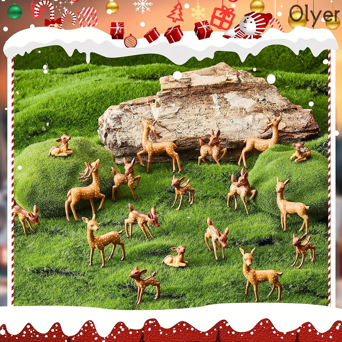 A set of mini deer figurines in various poses scattered across green grass.