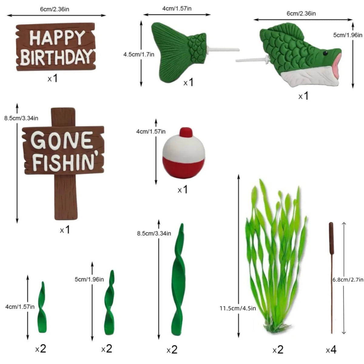 A fishing theme party decorating kit featuring wooden signs, a fish cutout, and green aquatic plants.