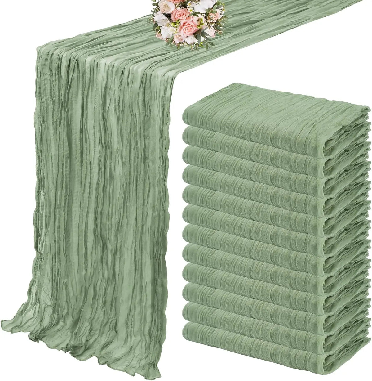 A set of ten terracotta semi-sheer cheesecloth table runners in a muted sage green color.