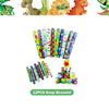 A set of 12 colorful snap bracelets and various dinosaur-themed party supplies.