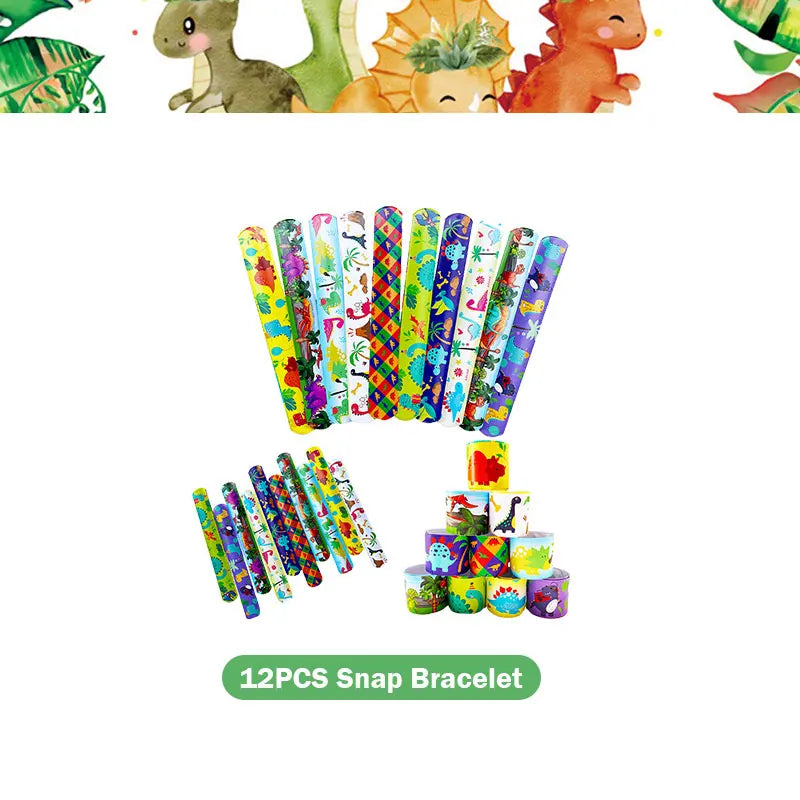 A set of 12 colorful snap bracelets and various dinosaur-themed party supplies.