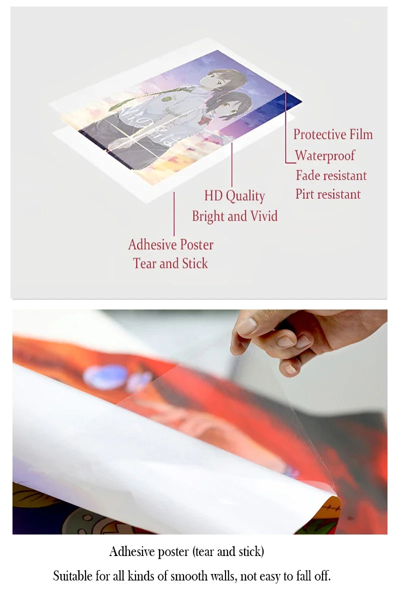 An adhesive poster featuring a vintage Michael Jackson style image, demonstrating its tear and stick properties.