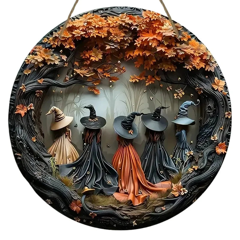 Circular wooden decor sign featuring witches and autumn leaves in a dark forest setting