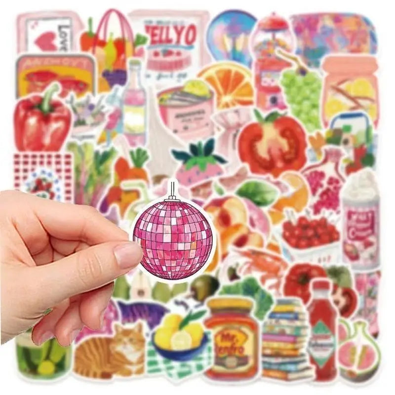 A hand is touching a sheet of retro cute food pattern decals featuring various fruits and vegetables.