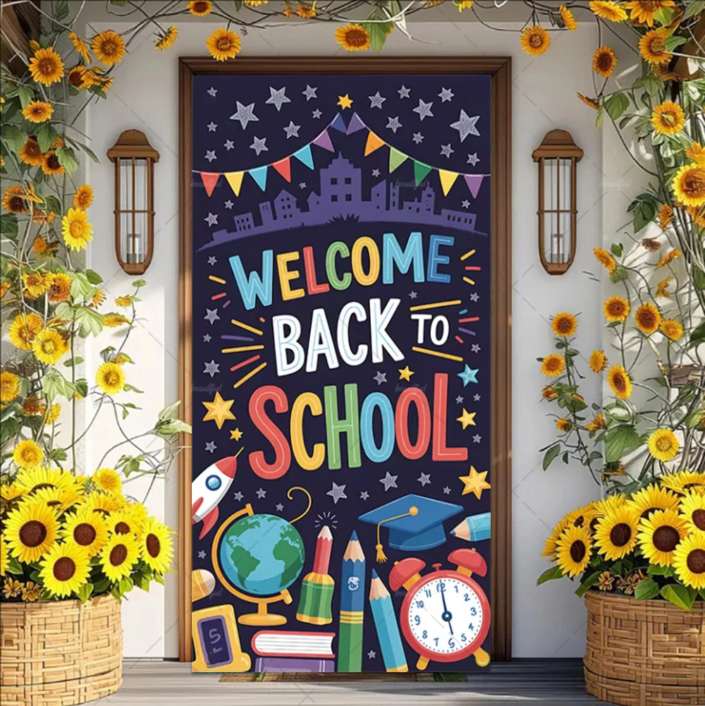 A colorful vinyl backdrop banner decorated with stars, school supplies, and bunting for a welcome back to school theme.