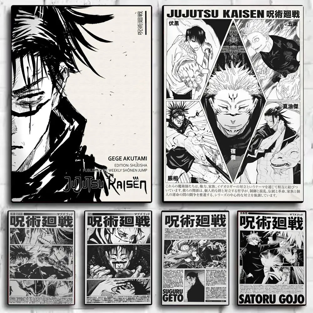 A collection of Jujutsu Kaisen anime posters featuring various characters and artwork.