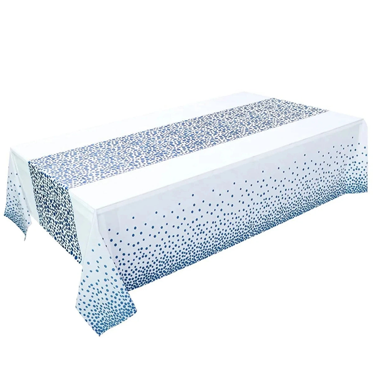 White waterproof PVC disposable tablecloth with blue polka dots covering a table.