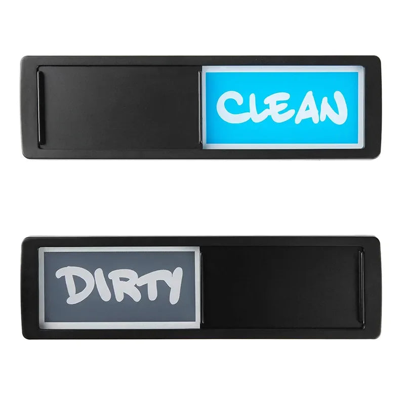 A black sign with a blue light displaying the word CLEAN next to a dark panel showing the word DIRTY.