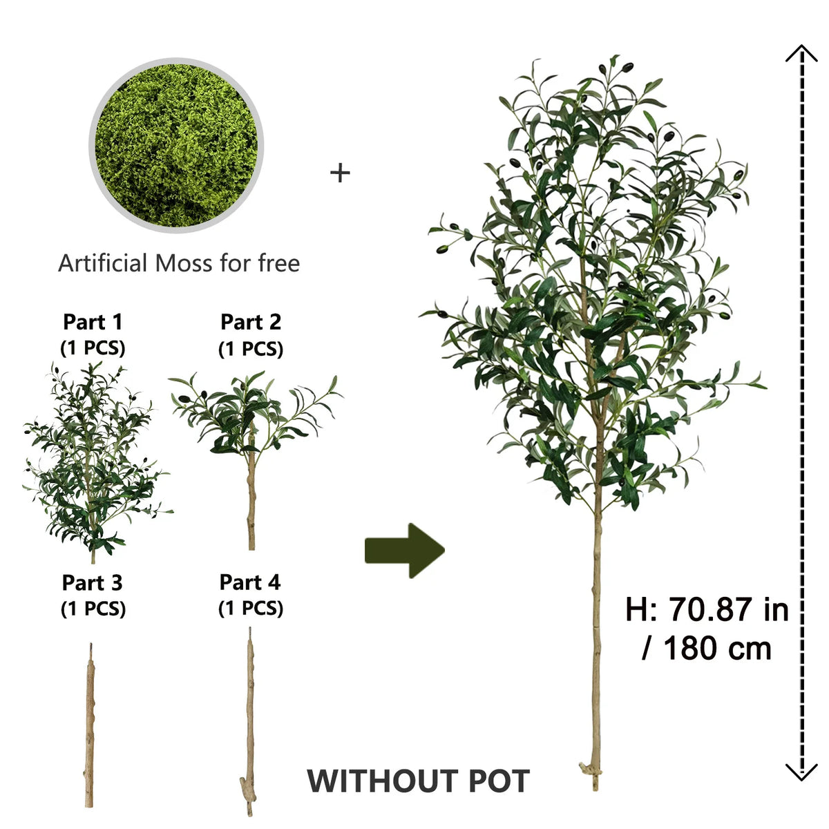 A set of artificial olive trees, including a main tree and four parts for assembly, shown without a pot.
