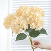 A cluster of light yellow artificial hydrangea silk flowers held by a hand against a white window blind.