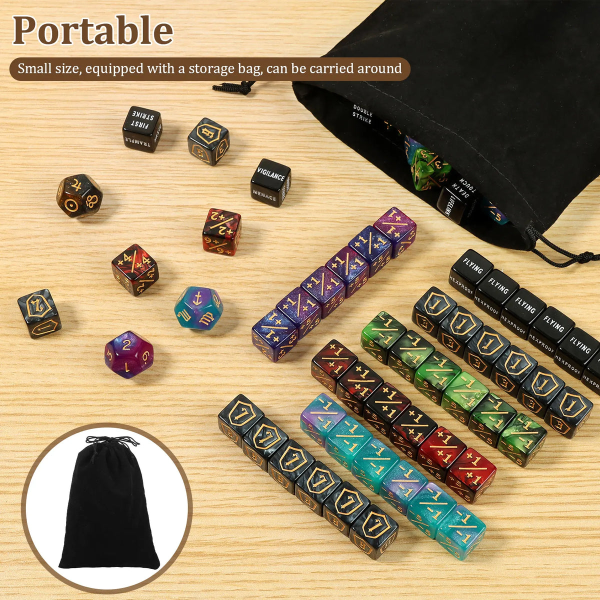 A portable set of acrylic plus and minus dice for math games and party fun displayed on a wooden surface.