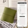 A green faux leather photo album with a cover showing internal page dimensions and a gift packaging diagram.