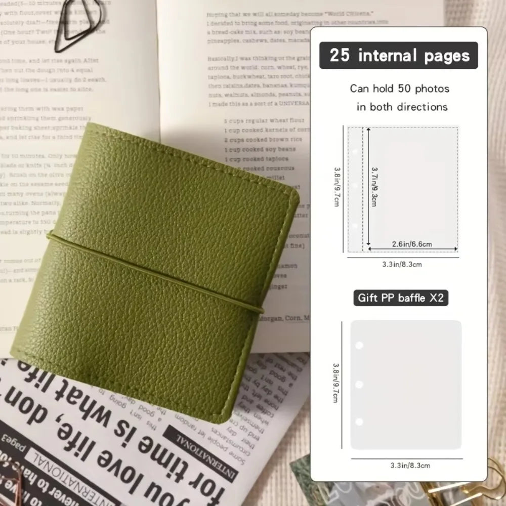A green faux leather photo album with a cover showing internal page dimensions and a gift packaging diagram.