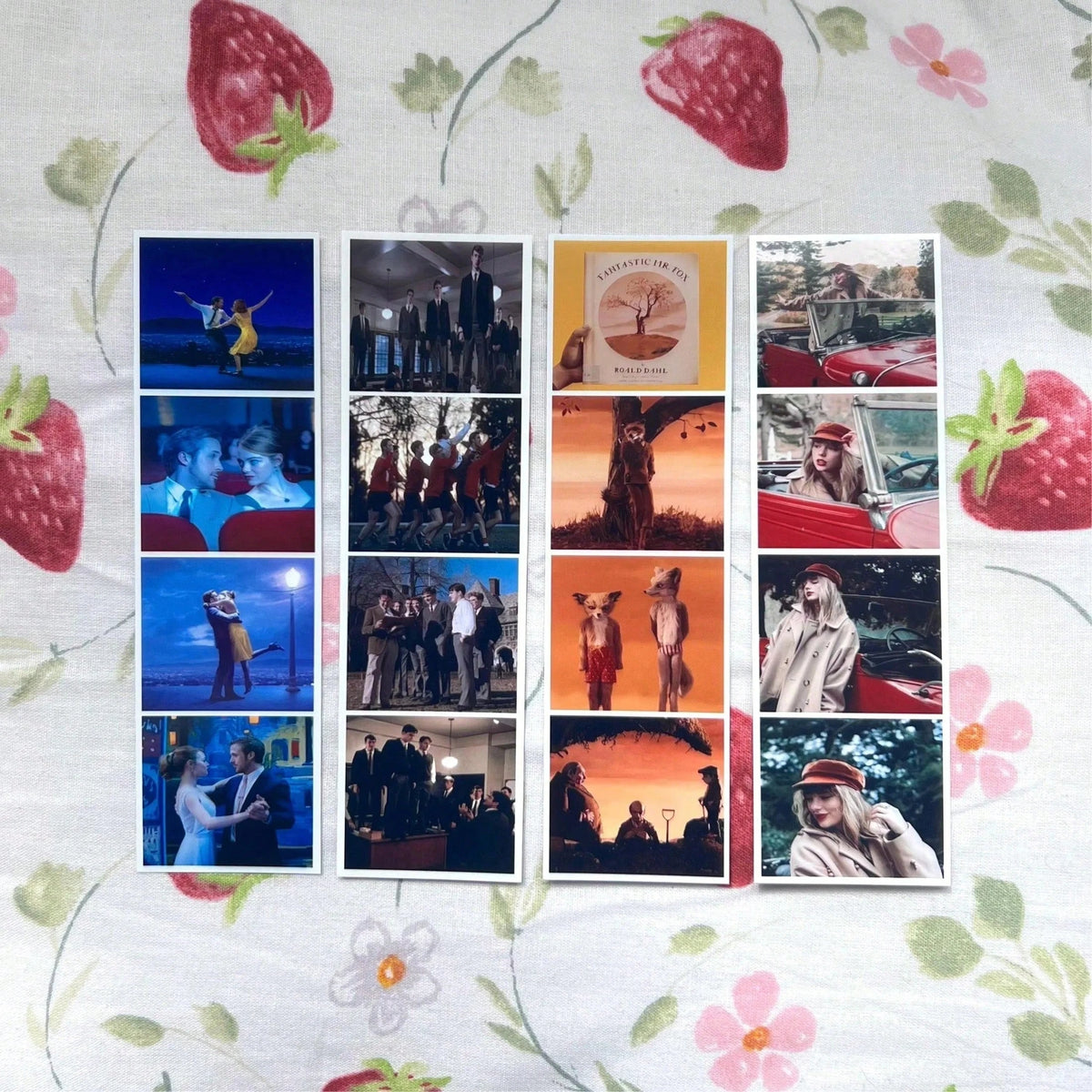 A set of custom photo booth print strips featuring various candid photos and portraits for weddings and events.