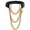 A triple-layer gold chain choker necklace with a black leather strap.