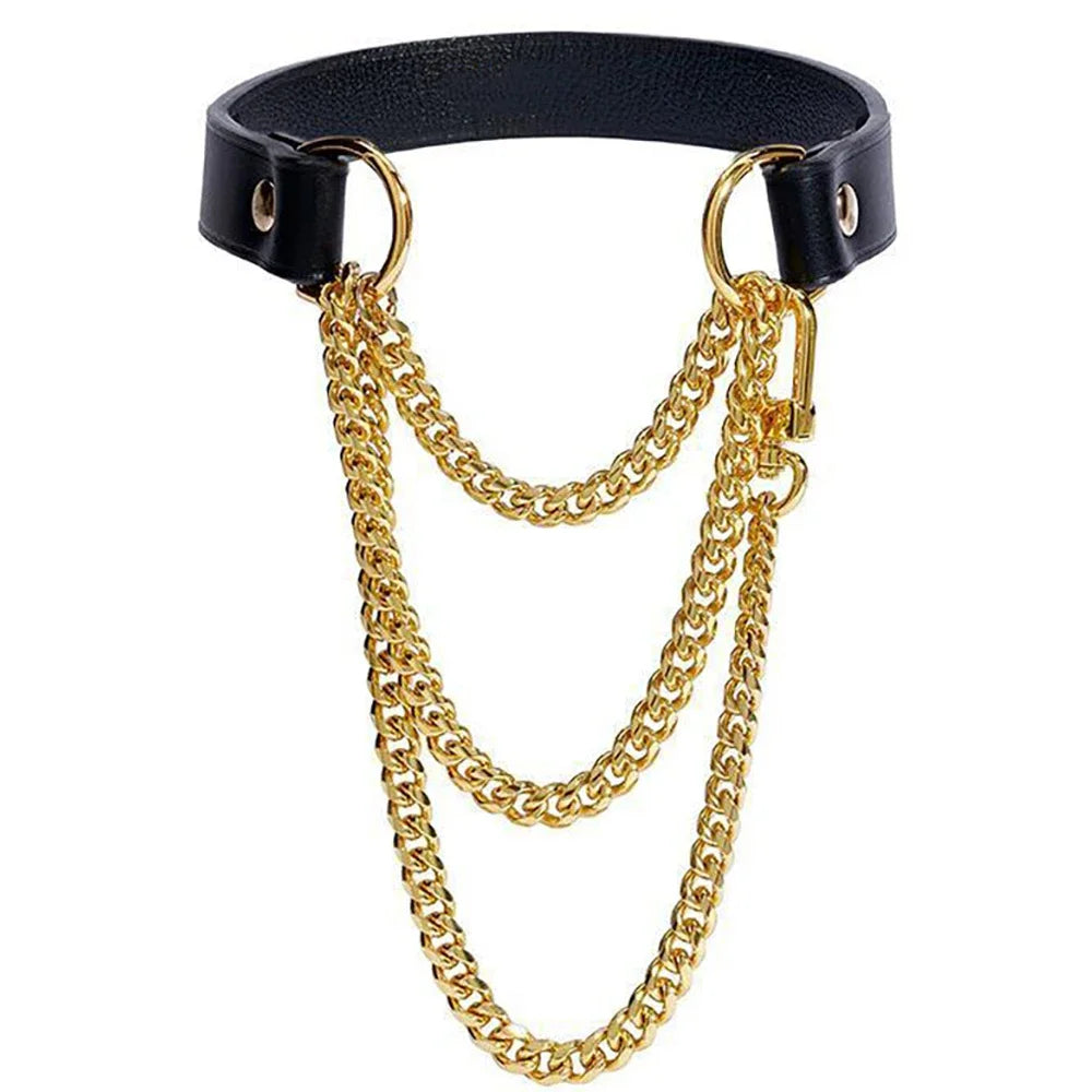 A triple-layer gold chain choker necklace with a black leather strap.