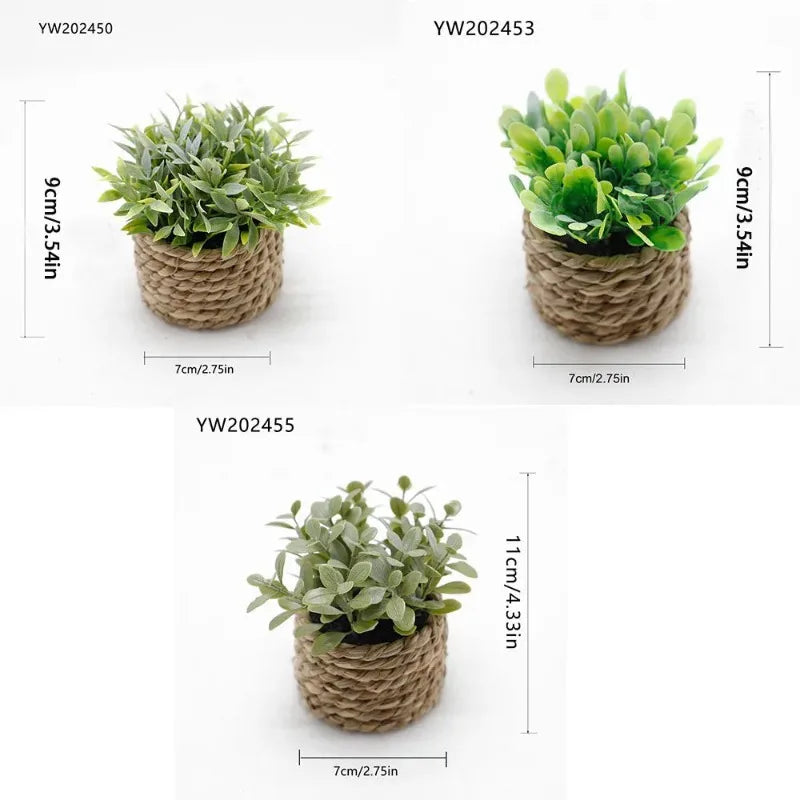 Artificial potted plant in a woven natural fiber pot with green foliage