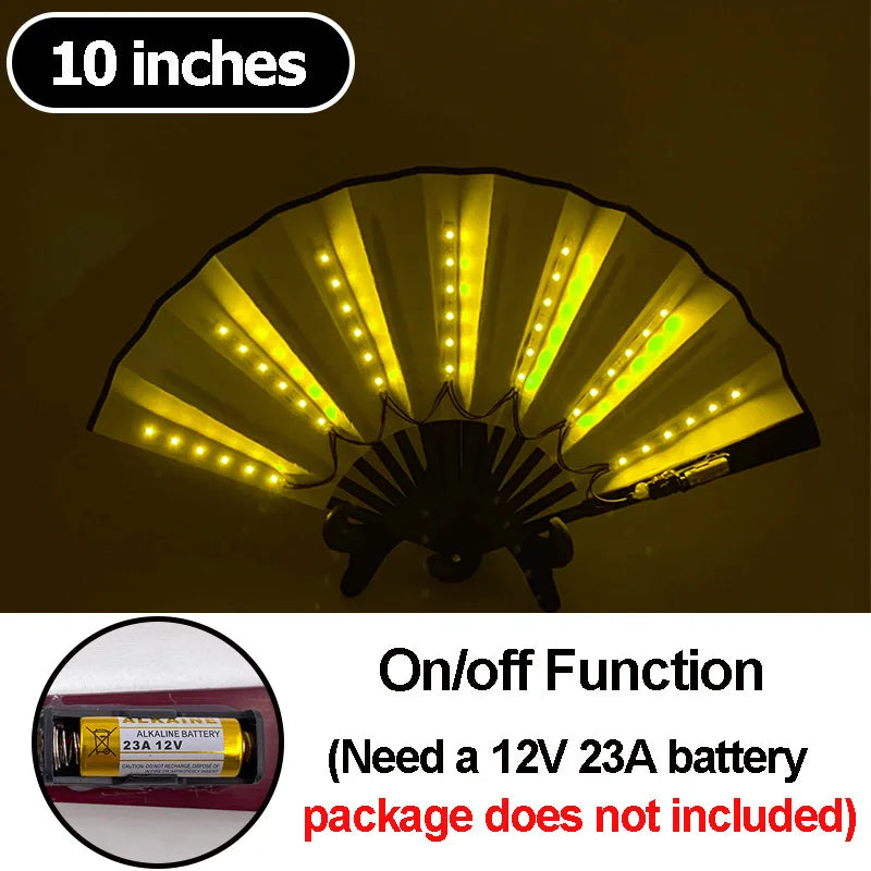 A 10 inch multi-mode LED party fan with a pleated light design shown against a dark background.