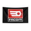 A black flag featuring a red and white logo design with the text FACOM.