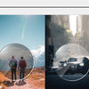 A split image showing men standing outdoors in a scenic landscape and a black SUV driving on a city street.