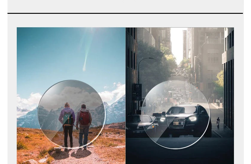 A split image showing men standing outdoors in a scenic landscape and a black SUV driving on a city street.