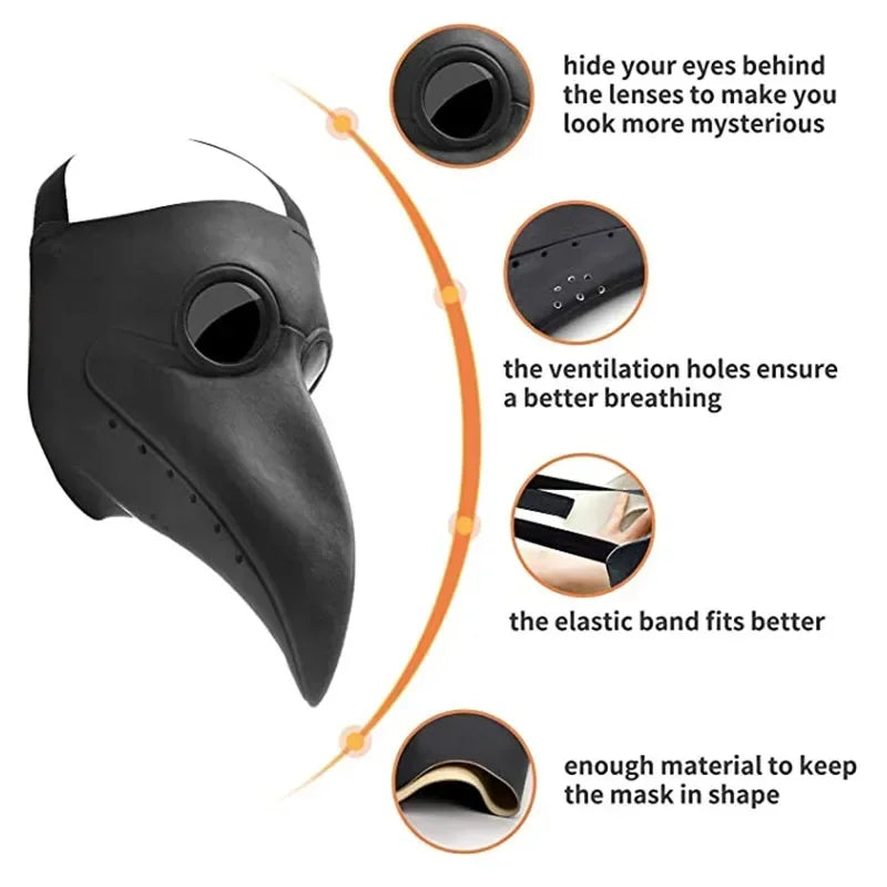 A black plague doctor mask with various features highlighted, including ventilation holes and an elastic band.